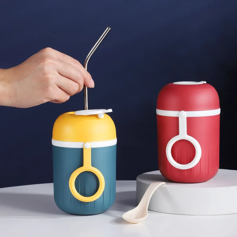 

Модная цветная креативная пластиковая чашка для супа с ложкой, 450 мл, Антибликовая детская чашка для завтрака с молоком, Повседневная герметичная чашка