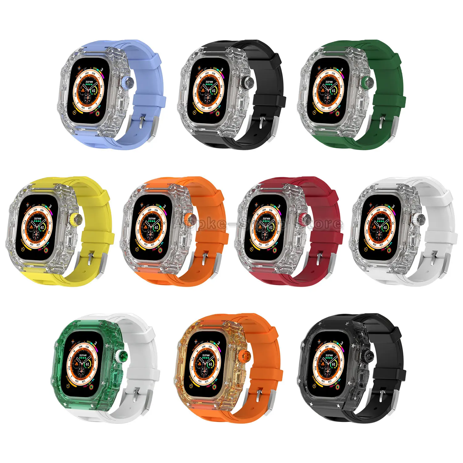Luxury Transparent Case for Apple Watch Ultra 49mm Mod Kit Fluororubber Sport Strap for iwatch Series 8 7 6 5 4 SE 44mm 45mm
