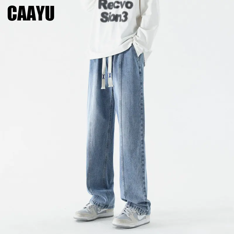 CAAYU 2023 Korean Fashion Jeans Mens Hip Hop Classic Japanese Streetwear Straight-leg Denim Wide-leg Pants Male Light Blue Jeans