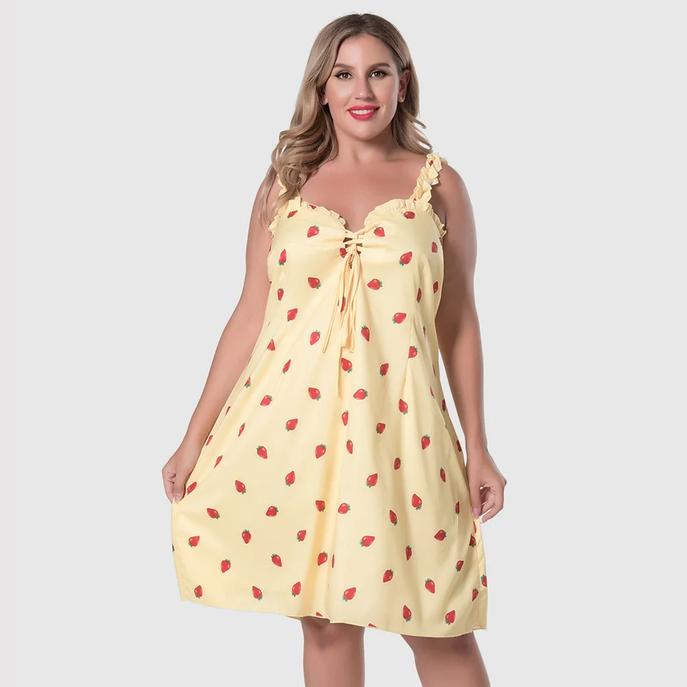 

Plus size Large women's strawberry print sweet suspender slim bandage dress