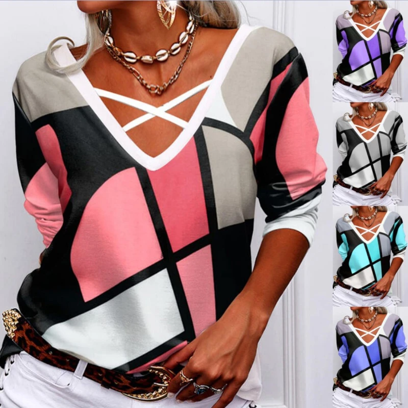 

Women Spring Autumn Overlapping V Neck Geometric Print T-shirt Casual Long Sleeve Tops Loose Pullover Plus Size Basic Shirt