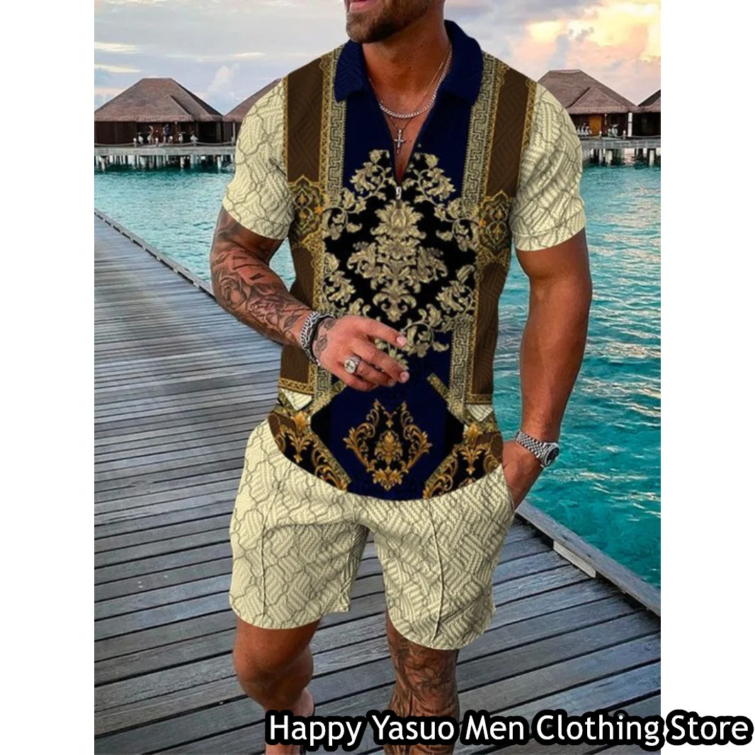 New Summer Men Vintage Polo Shirt Set 2 Pieces Turn Down Collar Tracksuit Fashion Outfit Male Casual Suit Retro Style Clothing