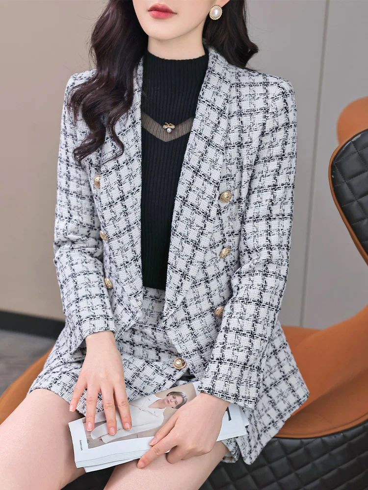 Женский офисный костюм из 2 предметов клетчатый шерстяной пиджак с длинным