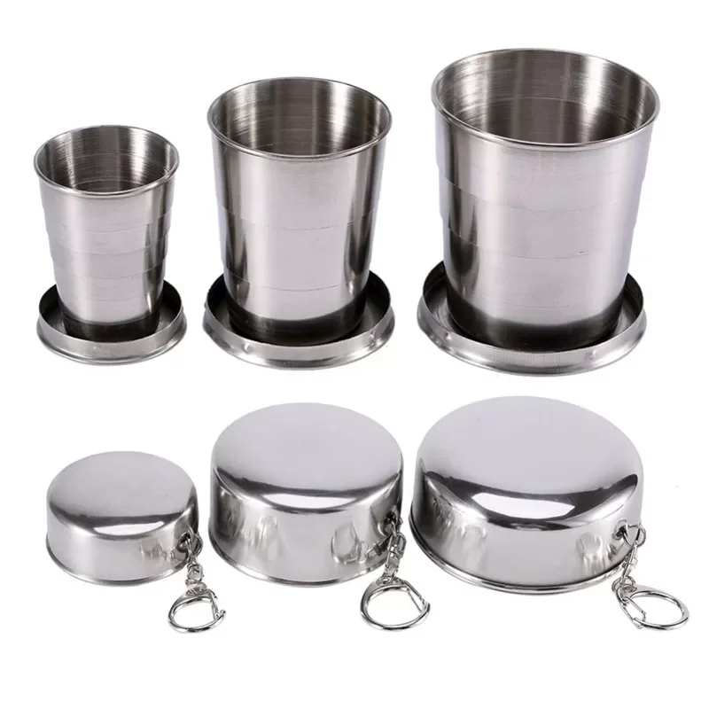 

New in Sale Stainless Steel Folding Cup With Keychain Portable Retractable Telescopic Collapsible Cups Water Drinking Cup For Ou
