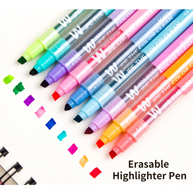 

10Pcs/Set Erasable Highlighter Pen Double Head Chisel Markers Tip Marker Fluorescent School Writing Highlighters Color Cute