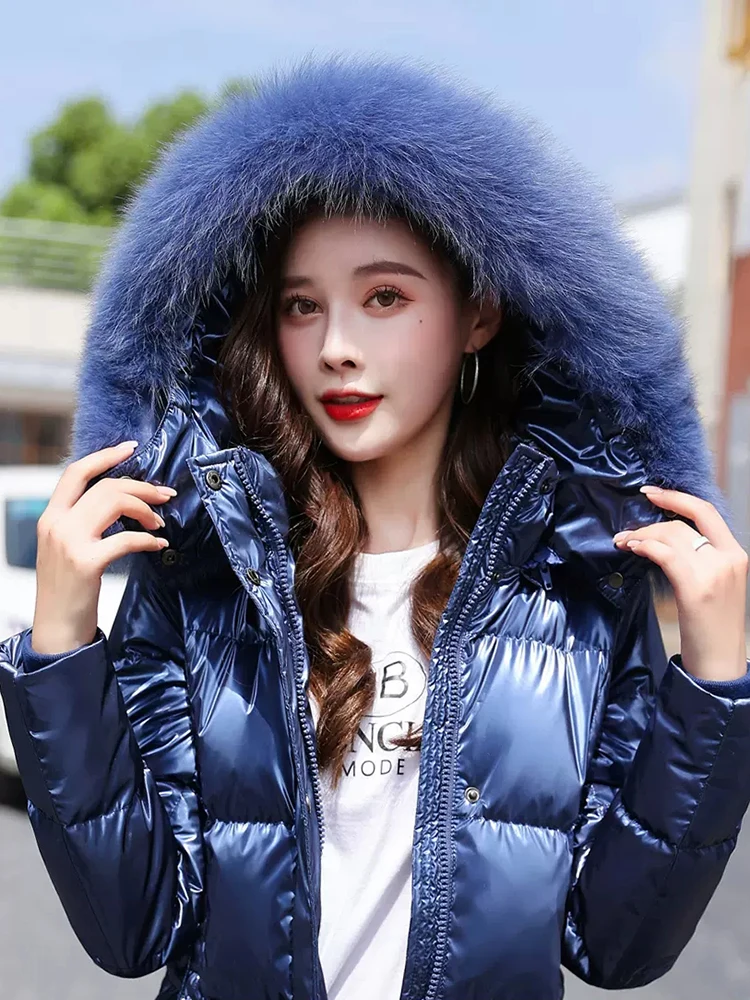 New Women Wash Free Glossy Surface Down Coat Fashion Hooded Real Fox Fur Collar Thicken Warm Down Jacket Loose Long Outerwear