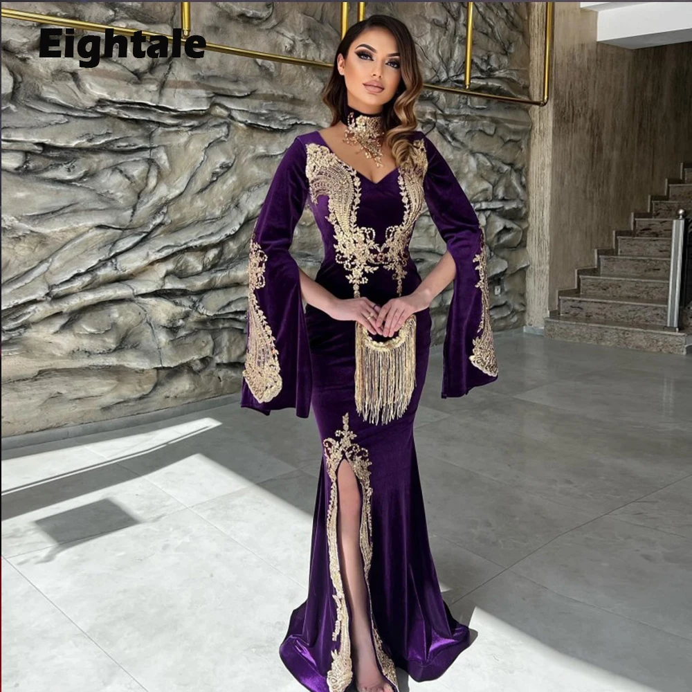 

Eightale Moroccan Caftan Evening Dress Velvet with Remove Collar Gold Appliques Long Sleeves Purple Arabic Mermaid Prom Gowns