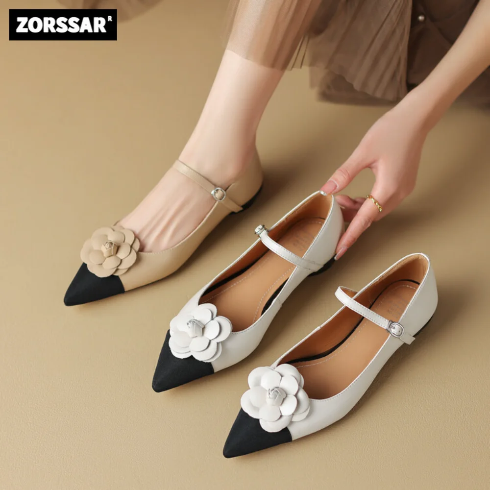 

Leather Flats heel mary Jane shoes women 2023 new summer Pointed toe Flower women's shoes flat single shoes small leather shoes
