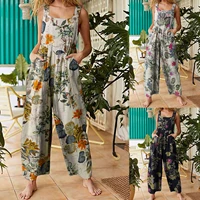 2022 summer women summer jumpsuit leaf floral print square neck sleeveless casual overalls with pockets loose jumpsuits