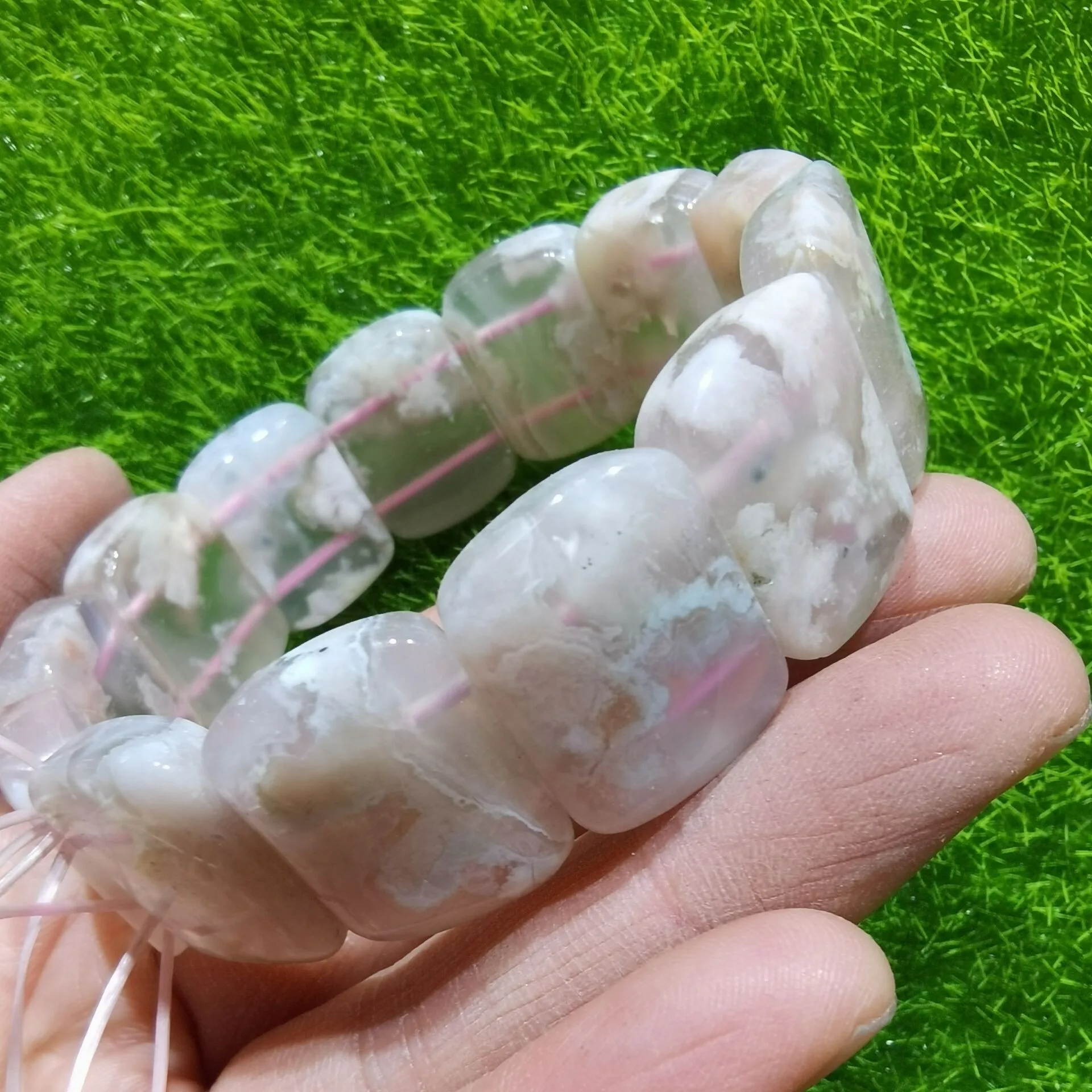 

Natural Pink Flower Agate Bracelet Men Women Fine Jewelry Cherry Blossom Agate Gemstones Beads Wide Beaded Bracelets Bangles