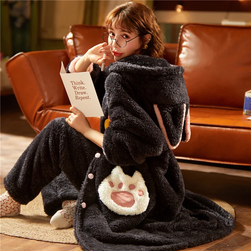 Autumn Winter Ladies Flannel Long Nightgown Cardigan Hooded Coral Fleece Home Service Cartoon Pajamas Two-Piece