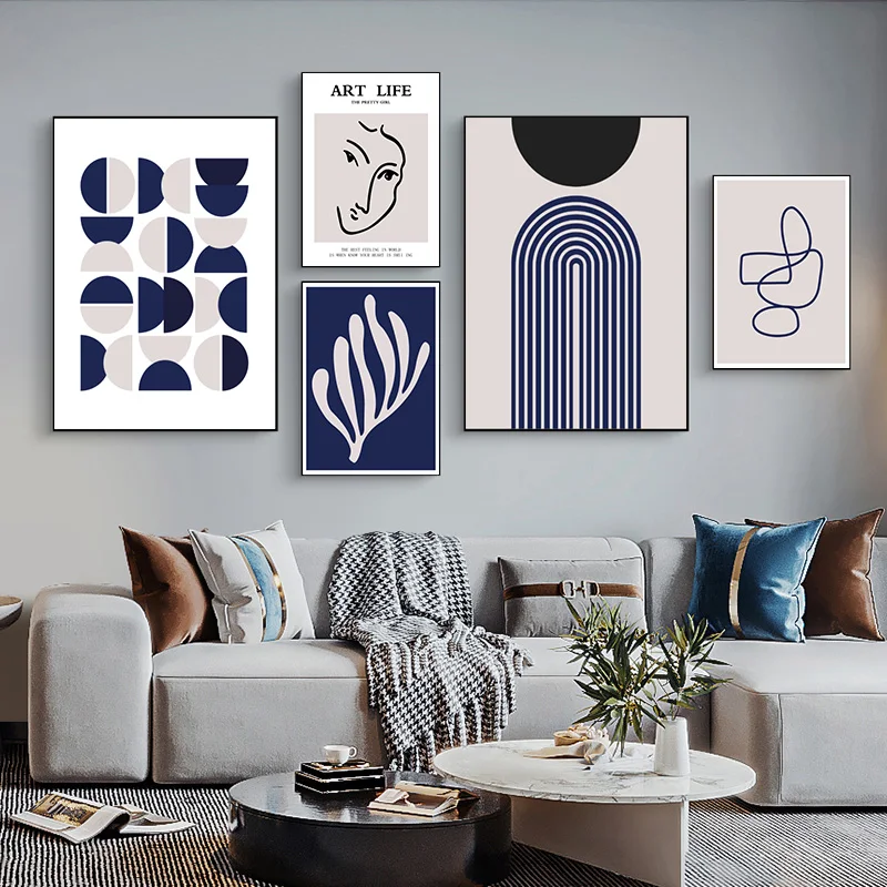 

Современный минималистичный скандинавский геометрический линейный персонаж Клейн синий абстрактная настенная Картина на холсте постеры ...