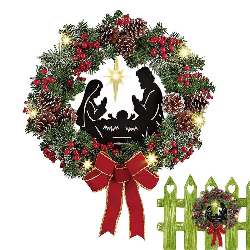 

Рождественский венок для входной двери, зимний венок, Рождественское украшение с красными бантами, ручная работа, освещенный Рождественский венок с Иисусом