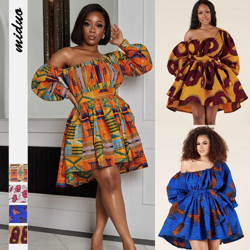 

African Women's Printed Wear Diagonal Collar Sexy Long-Sleeved Dress with Belt Middle East Fashion Short Skirt
