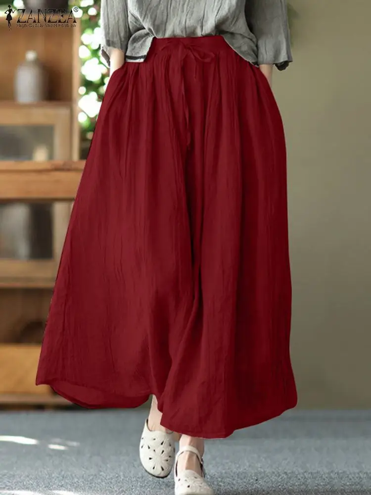 

2022 ZANZEA Summer Women Elastic Waist Solid Skirts Female Vintage Beach Party Skirts Faldas Saia Oversize Loose Long Skirt Jupe