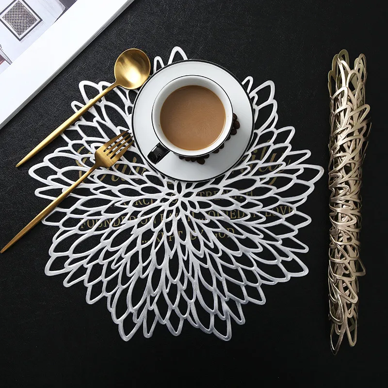 

1Pc 36cm Table Mat Hibiscus Flower Bronzing PVC Placemat Hollow Insulation Coaster Pads Table Bowl Home Decor