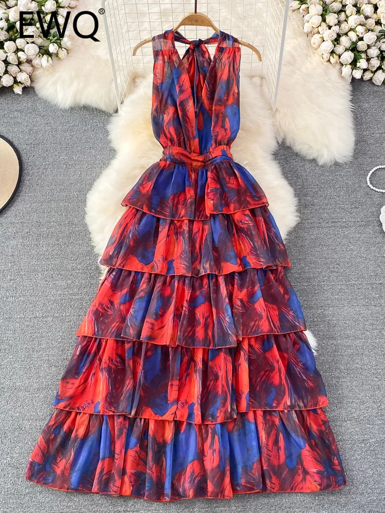 

EWQ Sweet Style Women's Halter Dress 2023 Summer New Backless Tie Dye Print Sleeveless Contrast Color High Waist Dresses SN2224