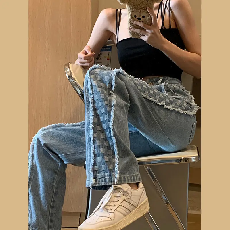 

2022 Jeans Women Denim Long Trousers Korean Style Pockets High Waisted Wide Leg Pant Casual Loose Students Streetwear Chic L233