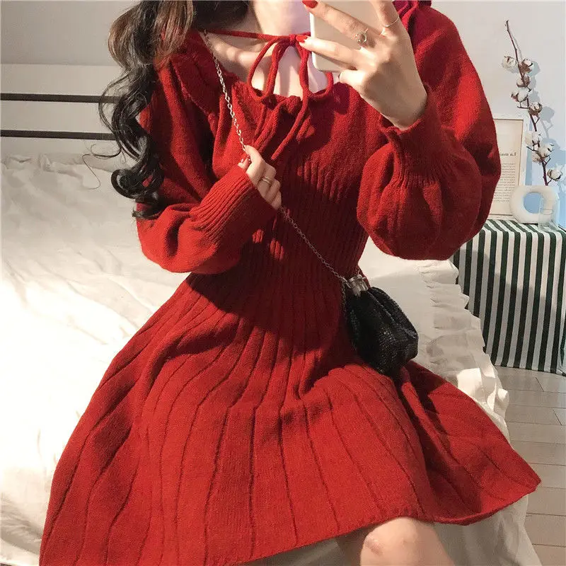 

Women Long Sleeve Dress Knitted Puff Sleeves O-neck Burgundy Defined Waist Tied Preppy Style Slim Sweet Elegant Fashion Chic Ins