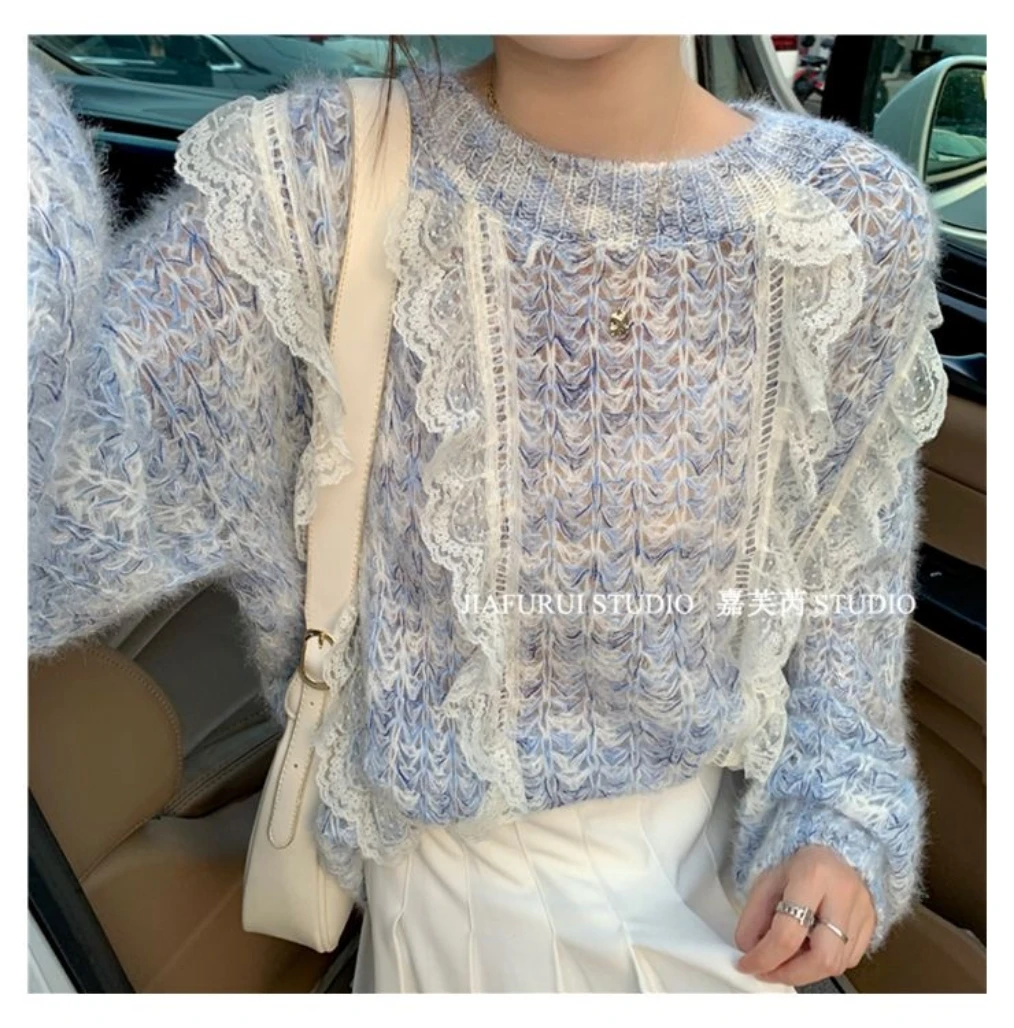 Женский вязаный пуловер с кружевом голубой свитер бабочкой волшебная вязаная