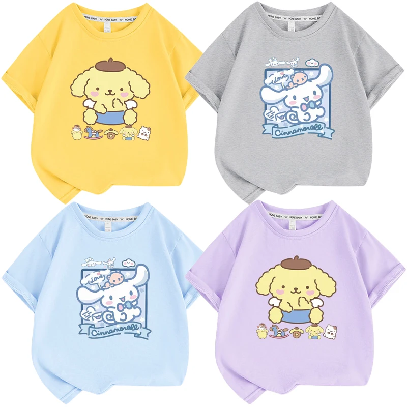 

Мультяшная аниме Sanrios Cinnamoroll Purin Dog Girl футболка с коротким рукавом кавайная Милая Детская летняя одежда пуловер с коротким рукавом