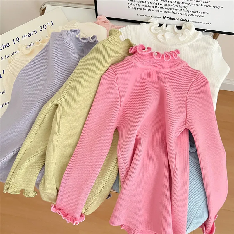 

2022 New Girls Turtleneck Sweaters Solid Color Boys Bottoming Pullover for Children's Lotus Leaf Collar Knitted Tops Clothing