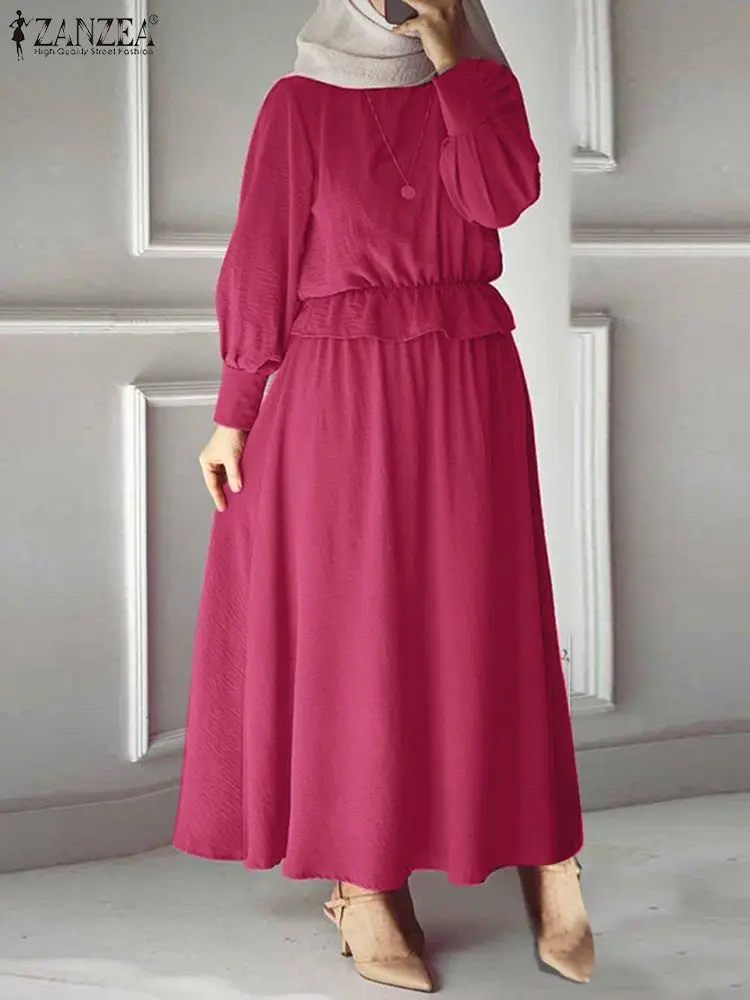 

Stylish Muslim Dress Women Autumn Sundress ZANZEA kaftan Long Sleeve Turkey Ruffle Vestidos Female Solid Abaya Hijab Robe Femme