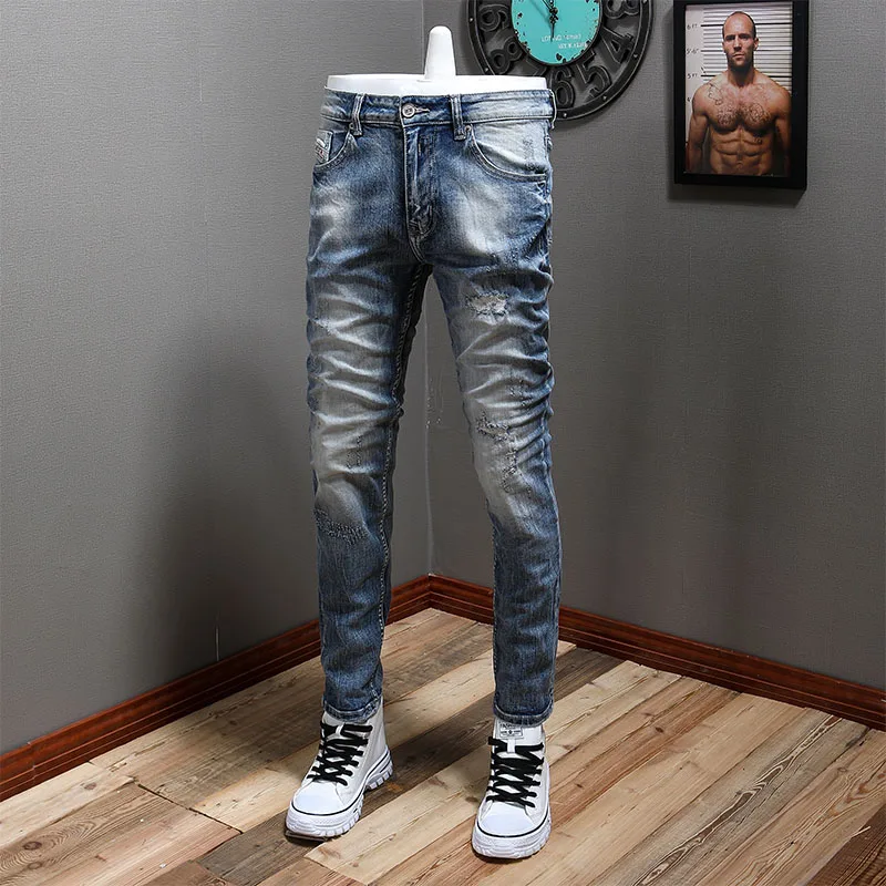 Vintage Fashion Men Jeans Retro Blue Elastic Slim Fit Hole Ripped Jeans Men Trousers Patched Designer Casual Denim Pants Hombre
