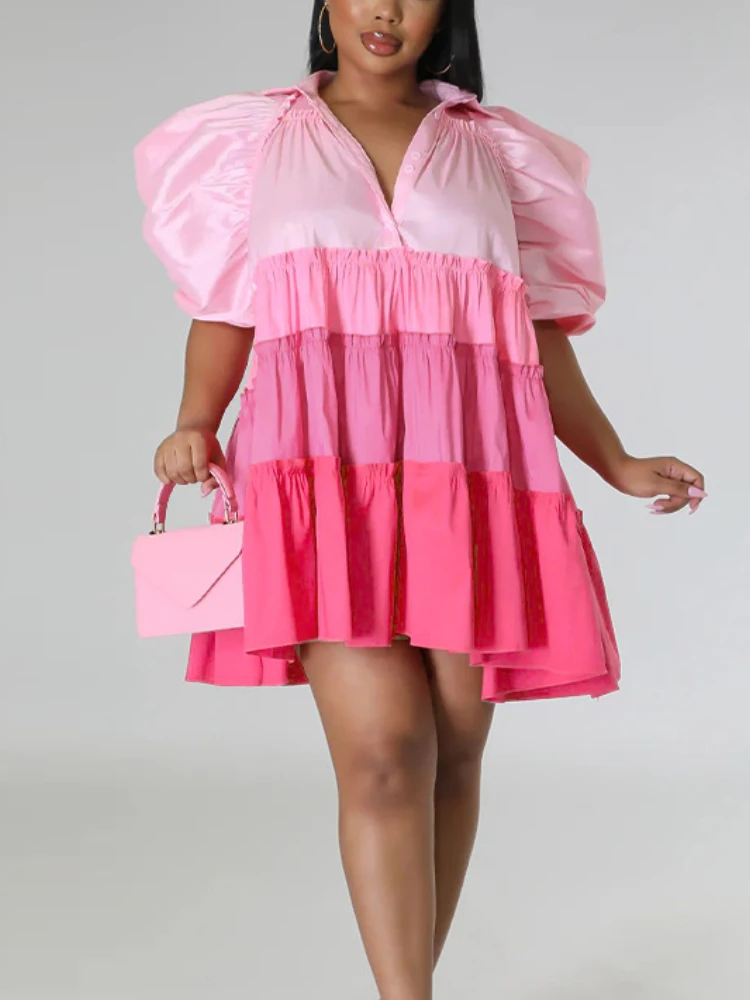 

Women Casual Oversized Short Dress ruched Puff Sleeve Button Down Color Block Loose Shirt Dress Mini Summer Clothes 2023 New