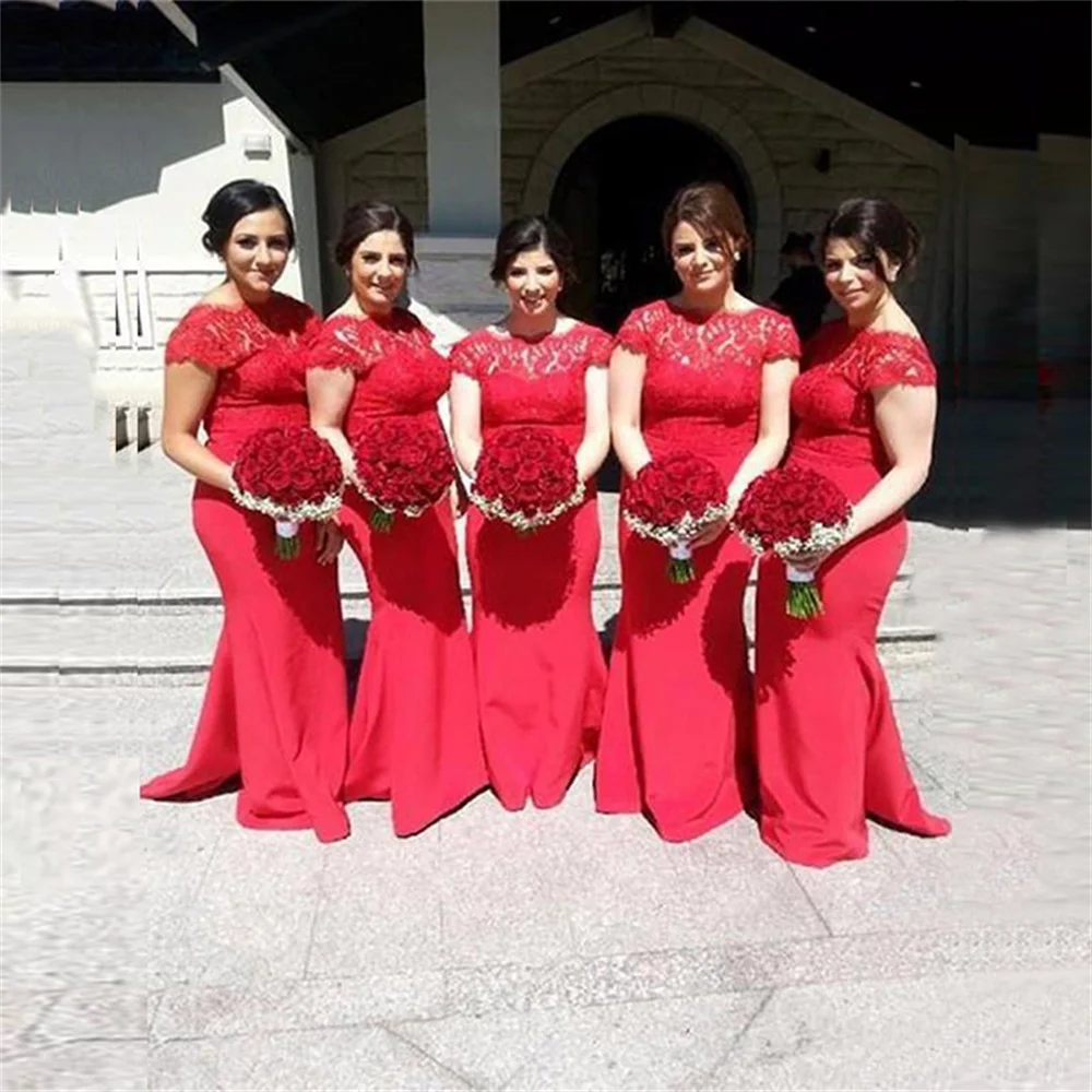 

Alicerb 2022 Elegant Red Lace Mermaid Bridesmaid Dresses Maid of Honor Gowns Boat Neck Back Out Long Cap Sleeves Wedding Party