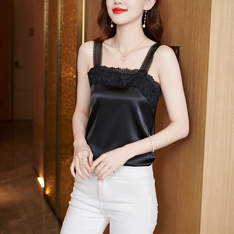 

Summer Korean Fashion Silk Tank Top Women Satin Office Lady Tank Top Mesh Lace Solid Black Cami Top Loose for Women