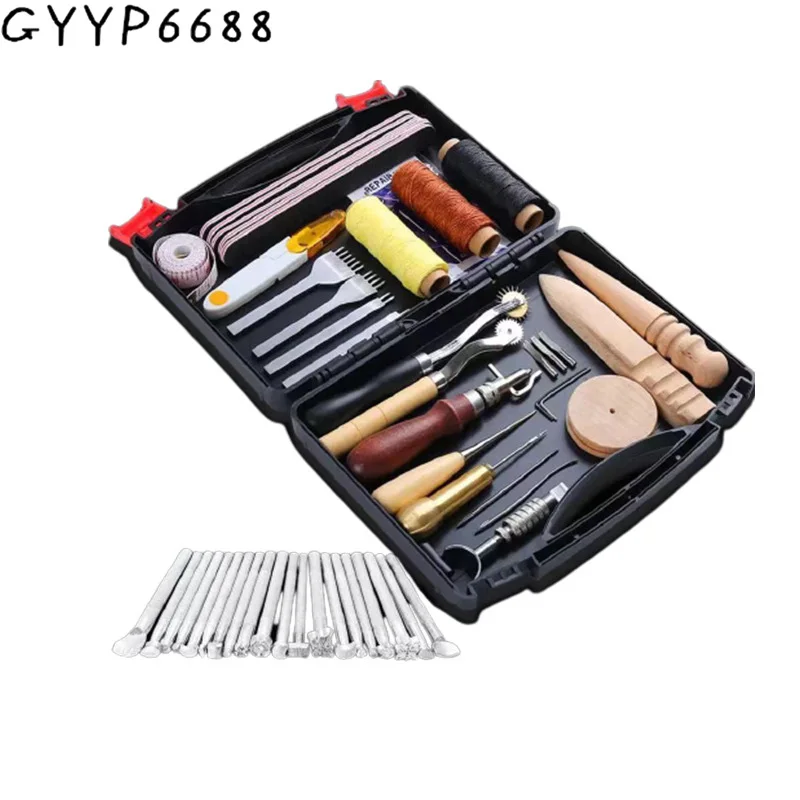 Professional DIY Leather Craft Tool Kit Hand Sewing Stitching Punch Carving Work Saddle Groover Set Leathercraft Accessories Box
