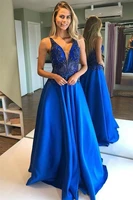 royal blue satin long prom dresses backless sexy v neck beaded robe de soiree women wear special banquet vestidos evening