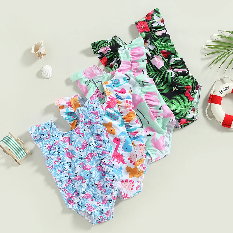 

Toddler Kids Baby Girls Summer Bikinis Swimwear Cartoon Dinosaur/Flamingo/Leaf Print Ruffled Sleeveless Bodysuits Swimsuits