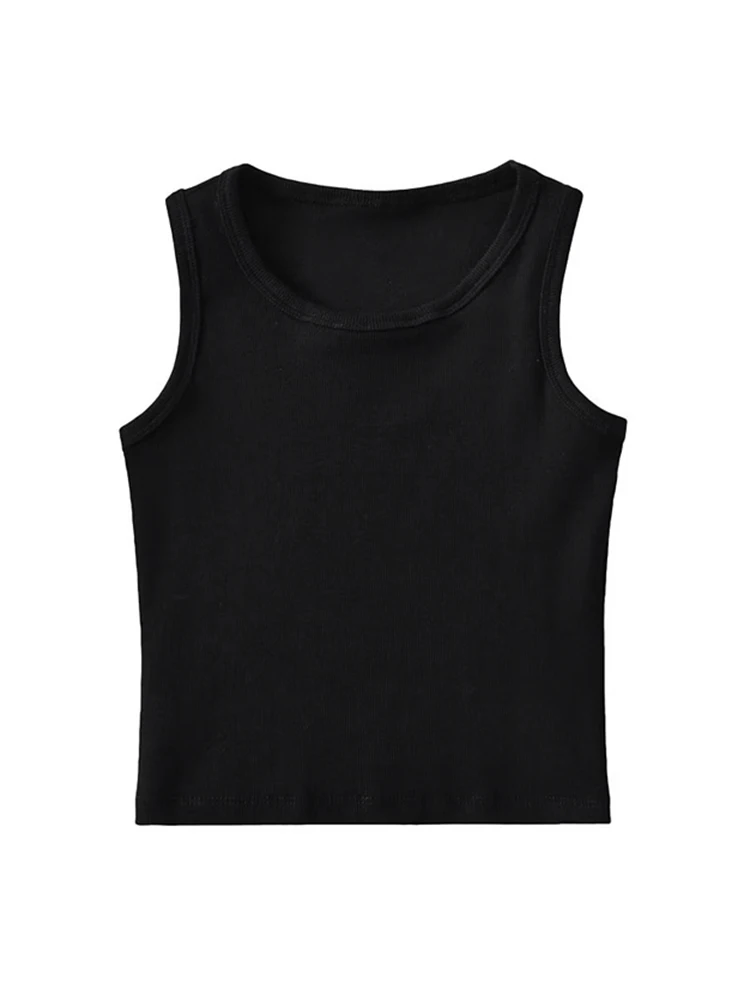 

Майка женская однотонная без рукавов с круглым вырезом и открытой спиной