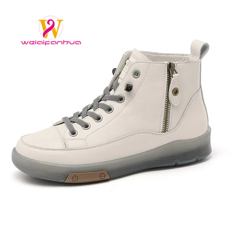 Women's Boots Genuine Leather Spring 2023 New Casual Shoes British Style High Top Board Shoes Small White Ankle Boots Women