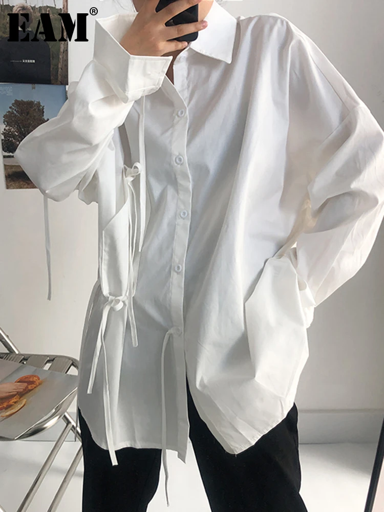 

[EAM] Women White Bandage Big Size Irregular Blouse New Lapel Long Sleeve Loose Fit Shirt Fashion Spring Autumn 2022 1DF0345