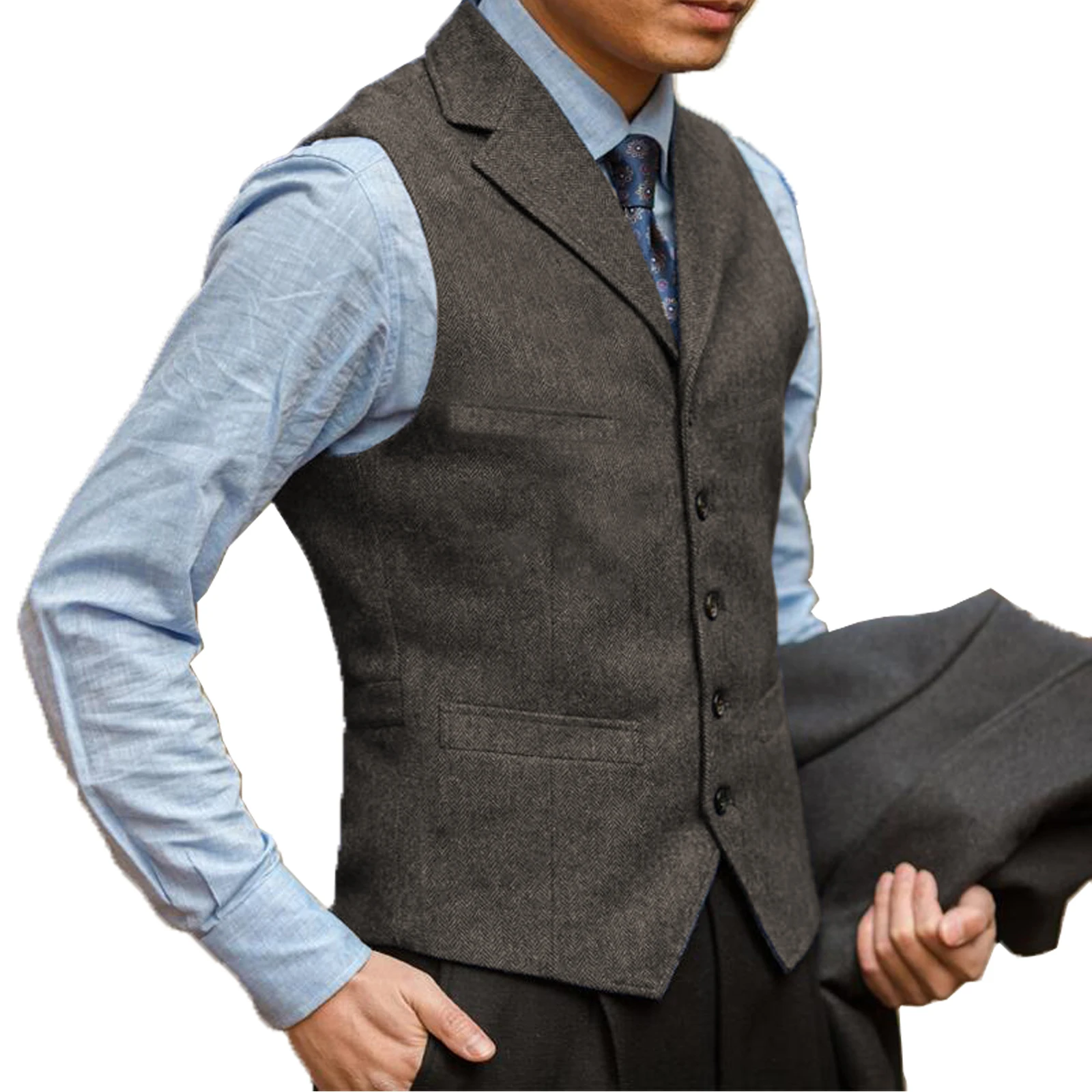 Men's Suit Vest Brown Dark Gray Herringbone Wedding Wool Tweed Business Waistcoat Lapel Collar for Groomsmen Wedding Vest 2022