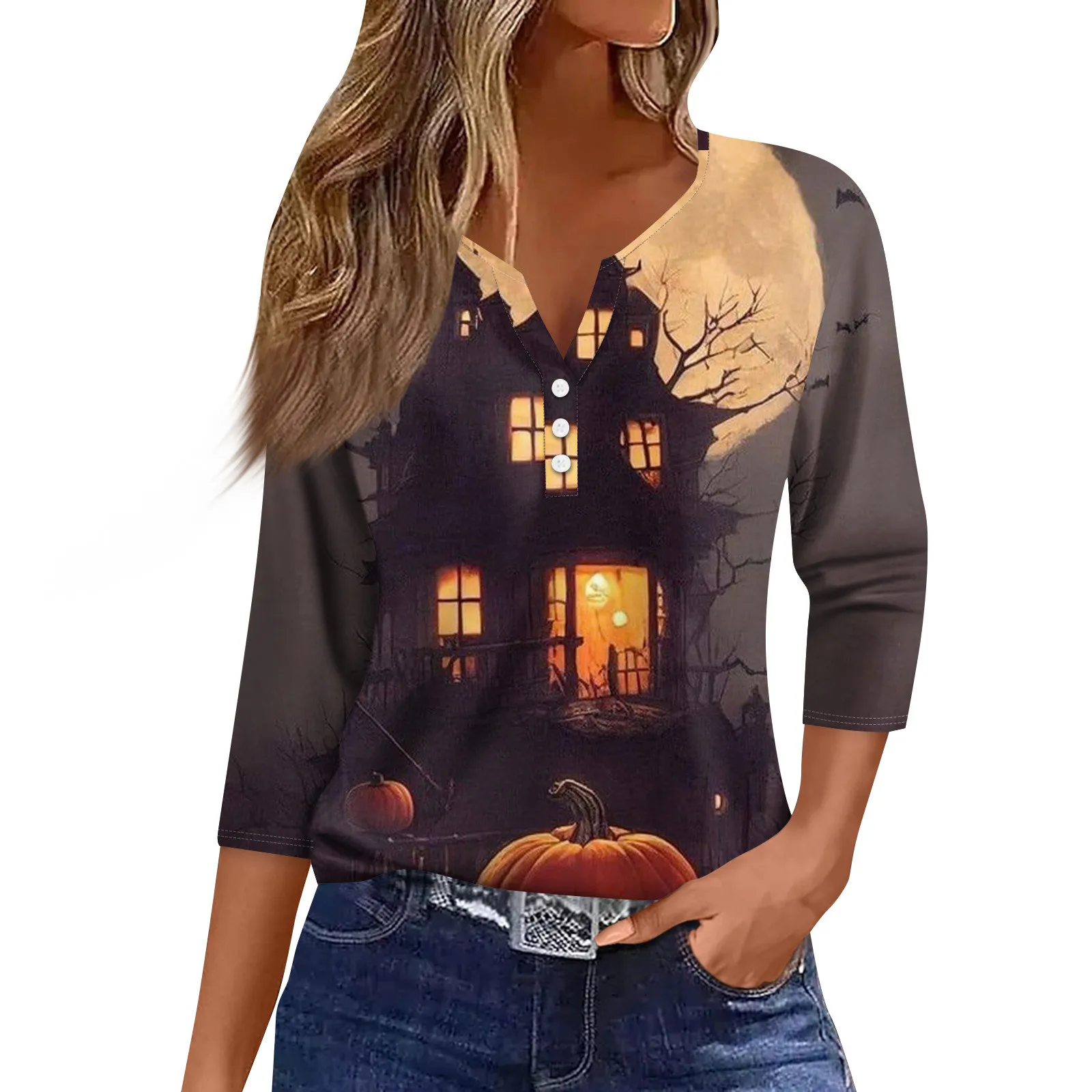 Женская Футболка На Тему Хэллоуина Пуговицах С V-образным Вырезом И Рукавами 3/4