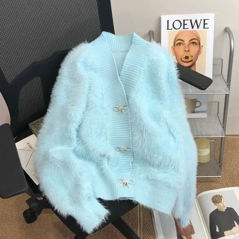 Вязаный кардиган свитер розовый норковый пальто женский осенний утолщенный