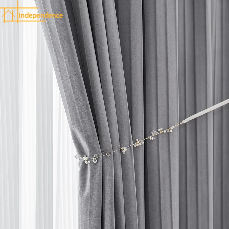

High-grade Gray Vertical Louver Crumpled Velvet Cloth Blackout Curtains for Living Room Bedroom Finished Product Customization