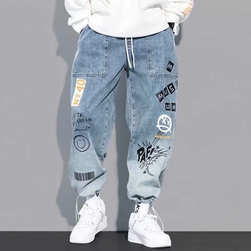 HOUZHOU Men's Jeans Pants Denim Pants Blue High Waisted Jeans Baggy Printed Denim Trousers Male Jeans Hip Hop Streetwear 5XL