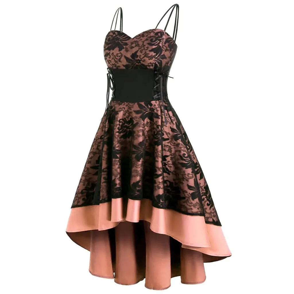 

Женское винтажное платье на бретелях-спагетти, облегающее кружевное платье с аппликацией, корсет с высокой талией, готическое платье-трапе...