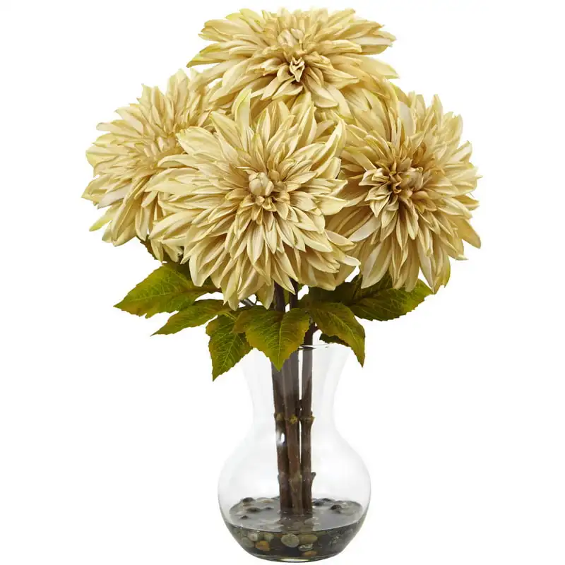 

Dahlia Silk Arrangement with Glass Vase, Cream Wedding Party Vase Home Autumn Decoration Fake Flower