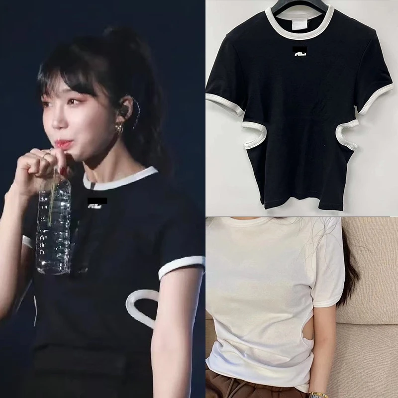 

Trendy Cou**es정은지 Tee Shirt with Waist Cut-out Design and Colorful Embroidery