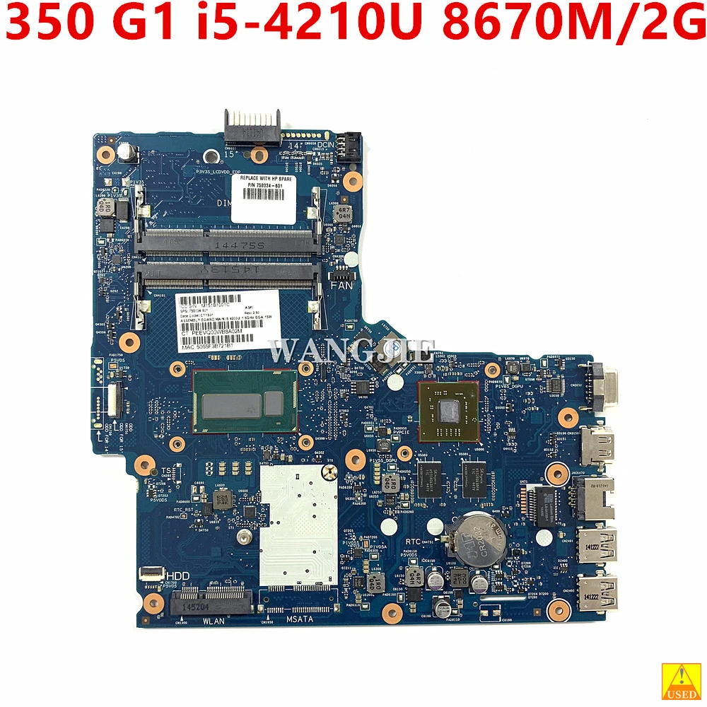Для HP 350 G1 Подержанный ноутбук Moederbord 758034-001 758034-501 6050A2608301-MB-A05 W/ i5-4210U CPU W/ 8670M/2G GPU 100% рабочий