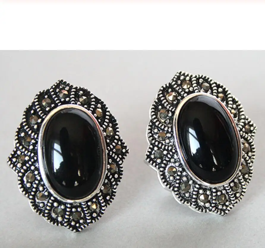 

VINTAGE 925 SILVER NATURAL BLACK Natural jade MARCASITE EARRINGS 1inch