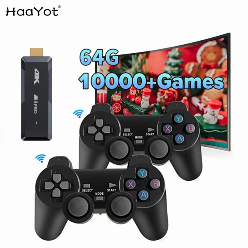 

2023 Wireless Retro Game Console Plug and Play Video Game Stick 4K 10000+ Games Built-in 9 Classic Emulators 64G For TV
