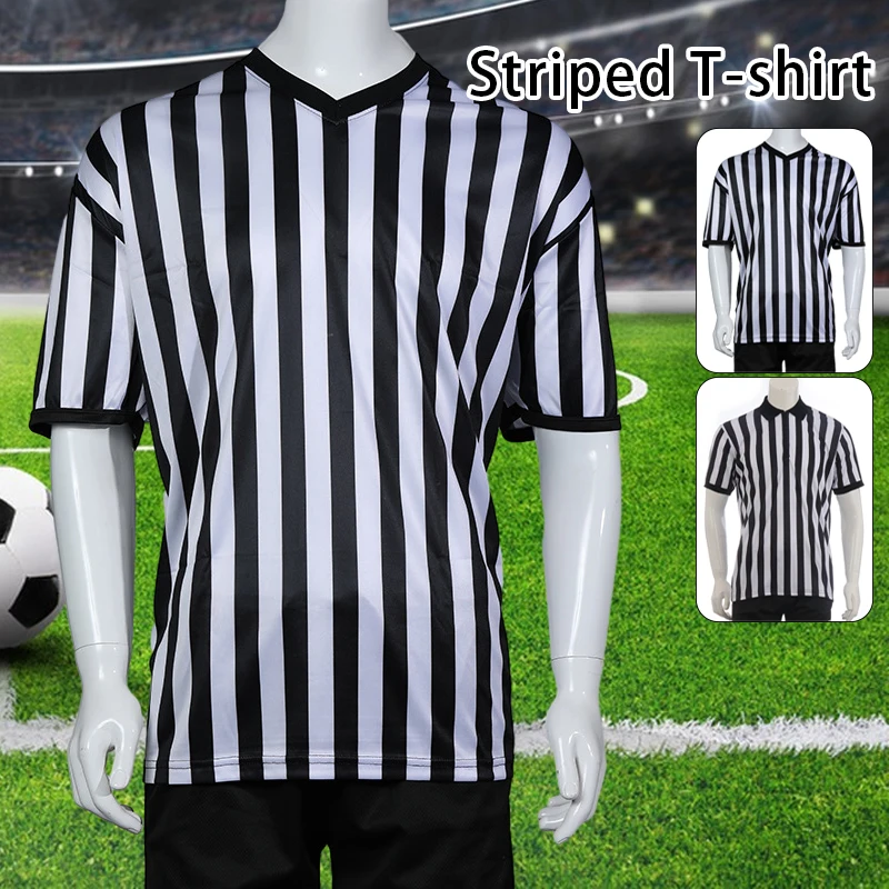 

Men's Basketball Soccer Football Referee Shirt Professional Referee V-Neck Striped Short Sleeve T-shirt Umpire Sportswear Top