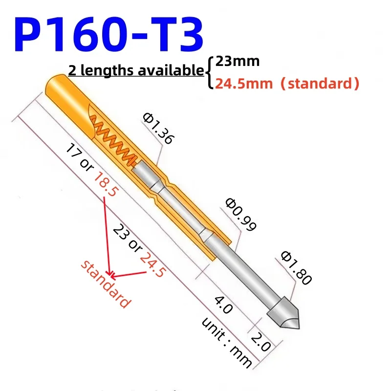 100 шт. P160-T3 пружинный тестовый щуп штифт Pogo никелированный диаметр 1 36 мм длина 23
